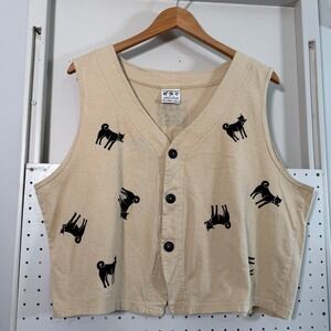 Vintage Artworks Vest Women's Beige Dog Print Button Front Top USA Made Medium